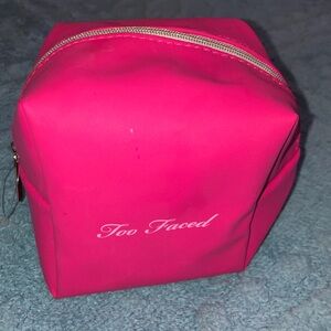 Too Faced Bright Pink Cosmetic Case with Gold Zip 7” X 4”